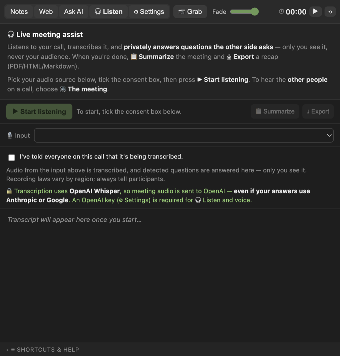 The Listen tab of the actual app: a consent checkbox — I've told everyone on this call that it's being transcribed — must be ticked before the Start listening button enables. A disclosure explains that transcription uses OpenAI Whisper.