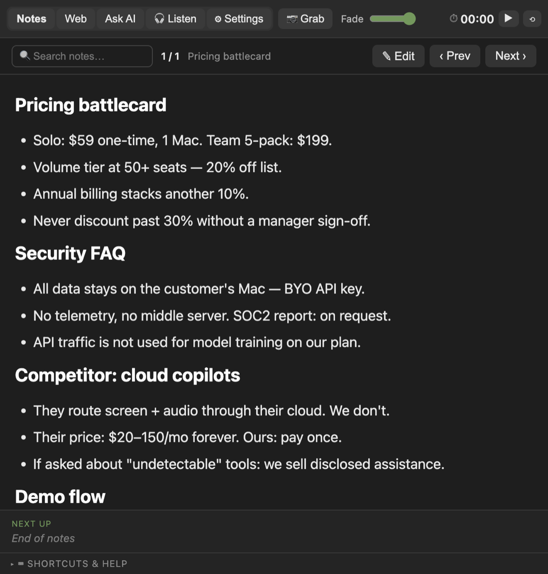 The Notes tab of the actual app showing a pricing battlecard: solo and team pricing, a volume-tier rule, a security FAQ, and competitor talking points — with search and an in-app editor.